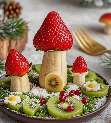 Lesná lúka s hubkami. Ak chcete, pridajte kivi a zrnká granátového jablka.